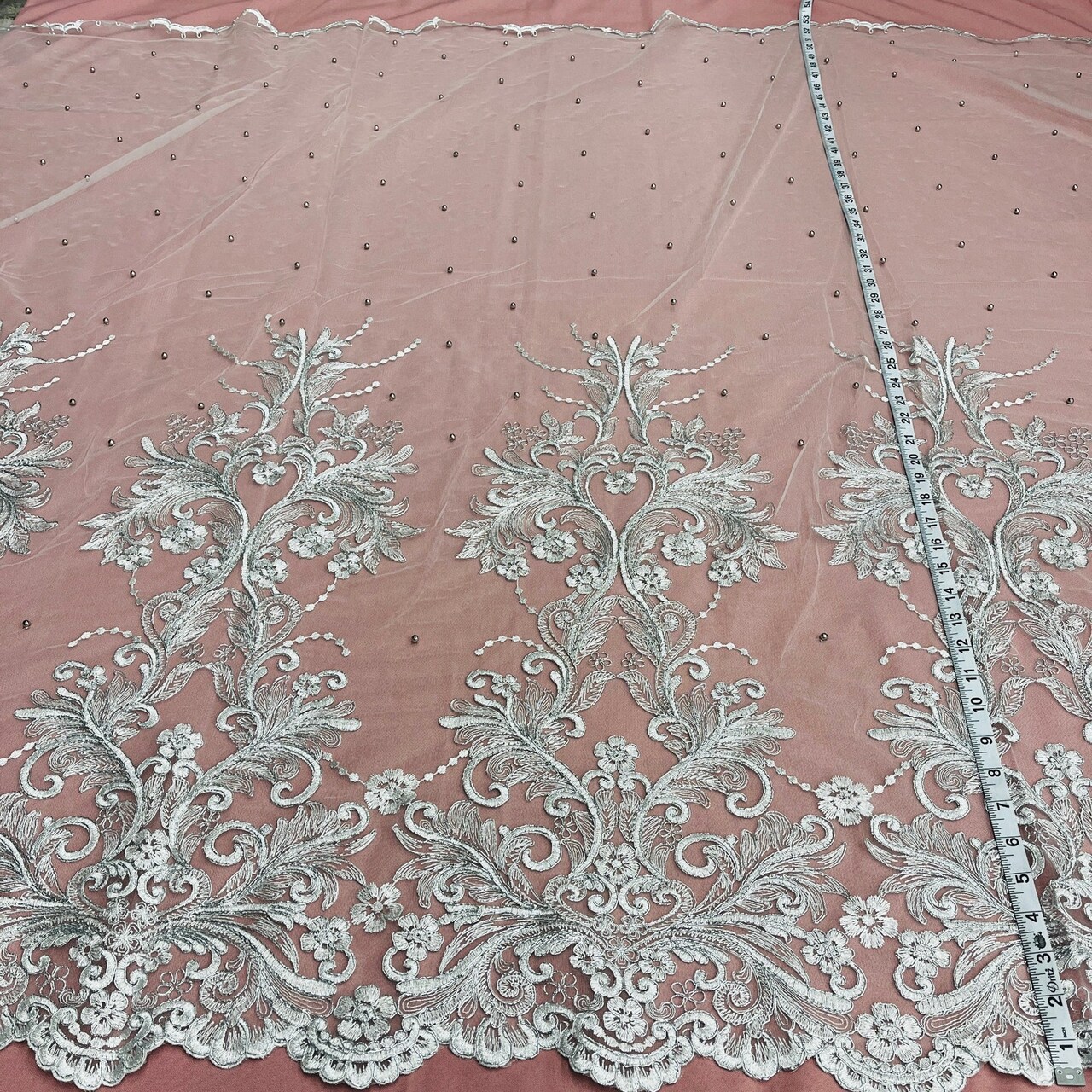 1 Yard Exquisite Beaded and Corded Bridal Lace Fabric Embroidered on 100% Polyester Net Mesh 54" Width